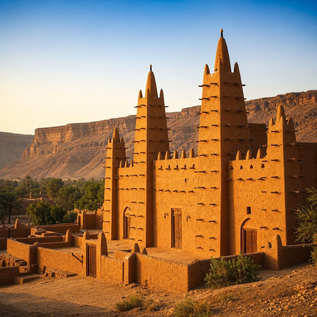 Glowing mud brick towers of the Agadez Mosque rise against the vast Sahara desert.