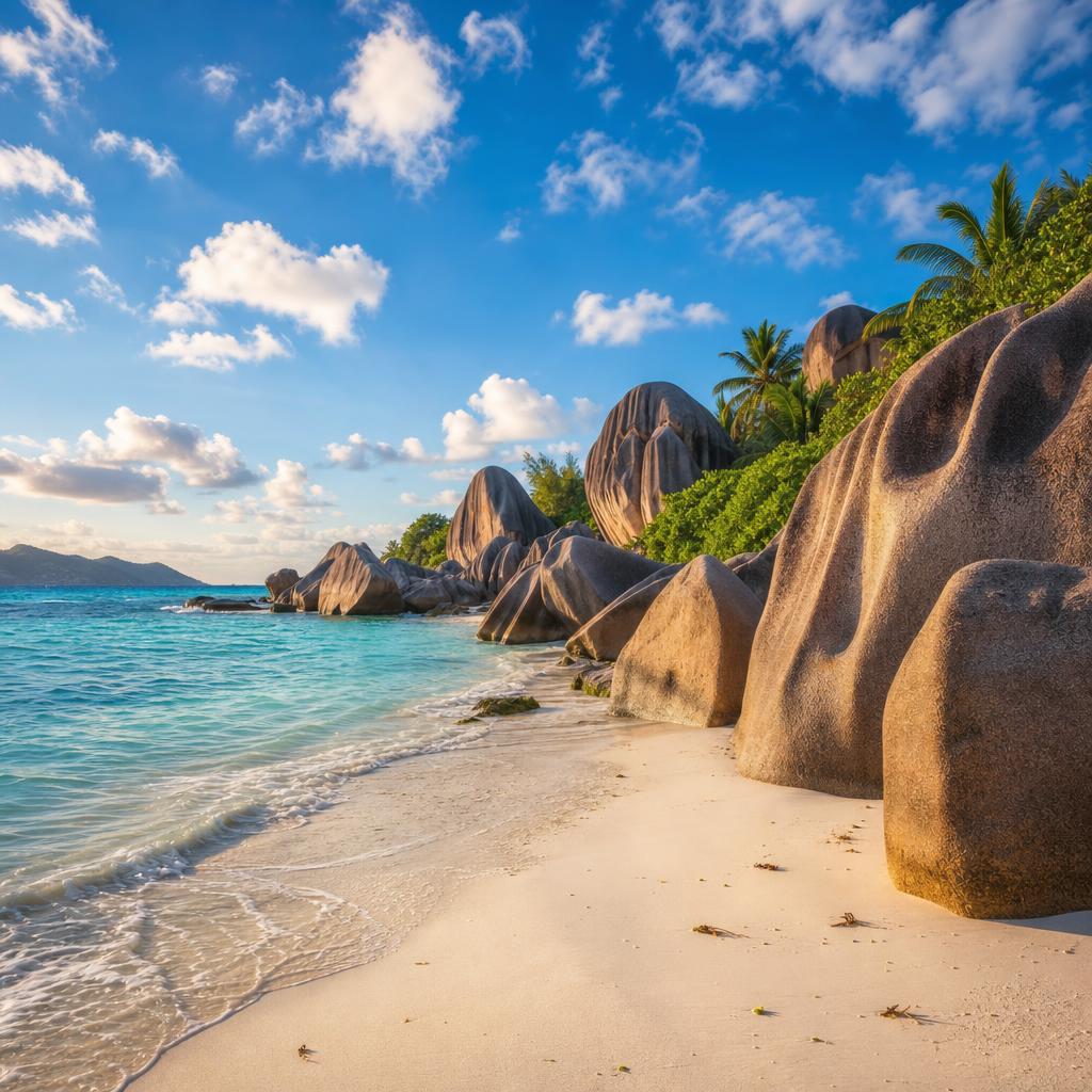 In the Seychelles, sunset shadows stretch across the unique granite boulders of Anse Source d'Argent.
