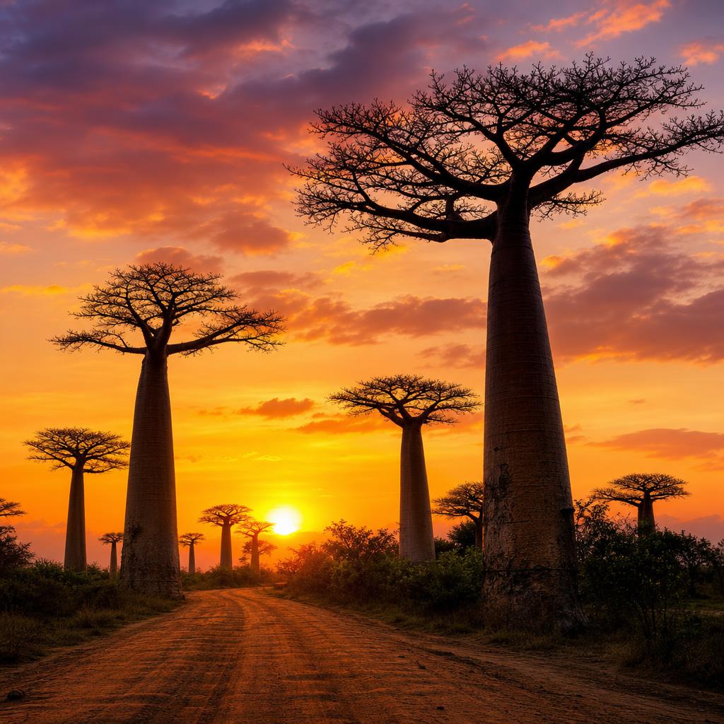 Stunning baobab trees form an iconic alleyway in the wild landscapes of Madagascar.