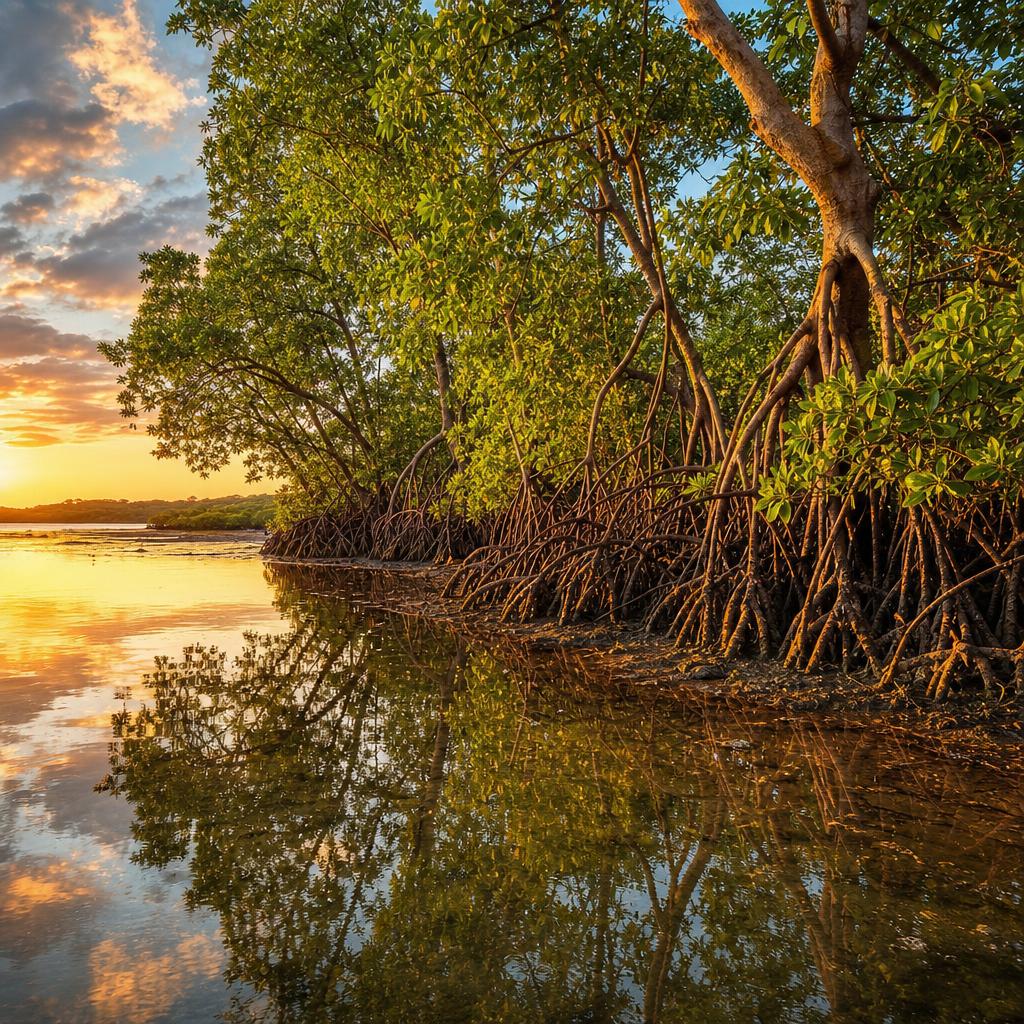 The serene waters of the Bijagos Archipelago in Guinea-Bissau reflect the soft dusk light.
