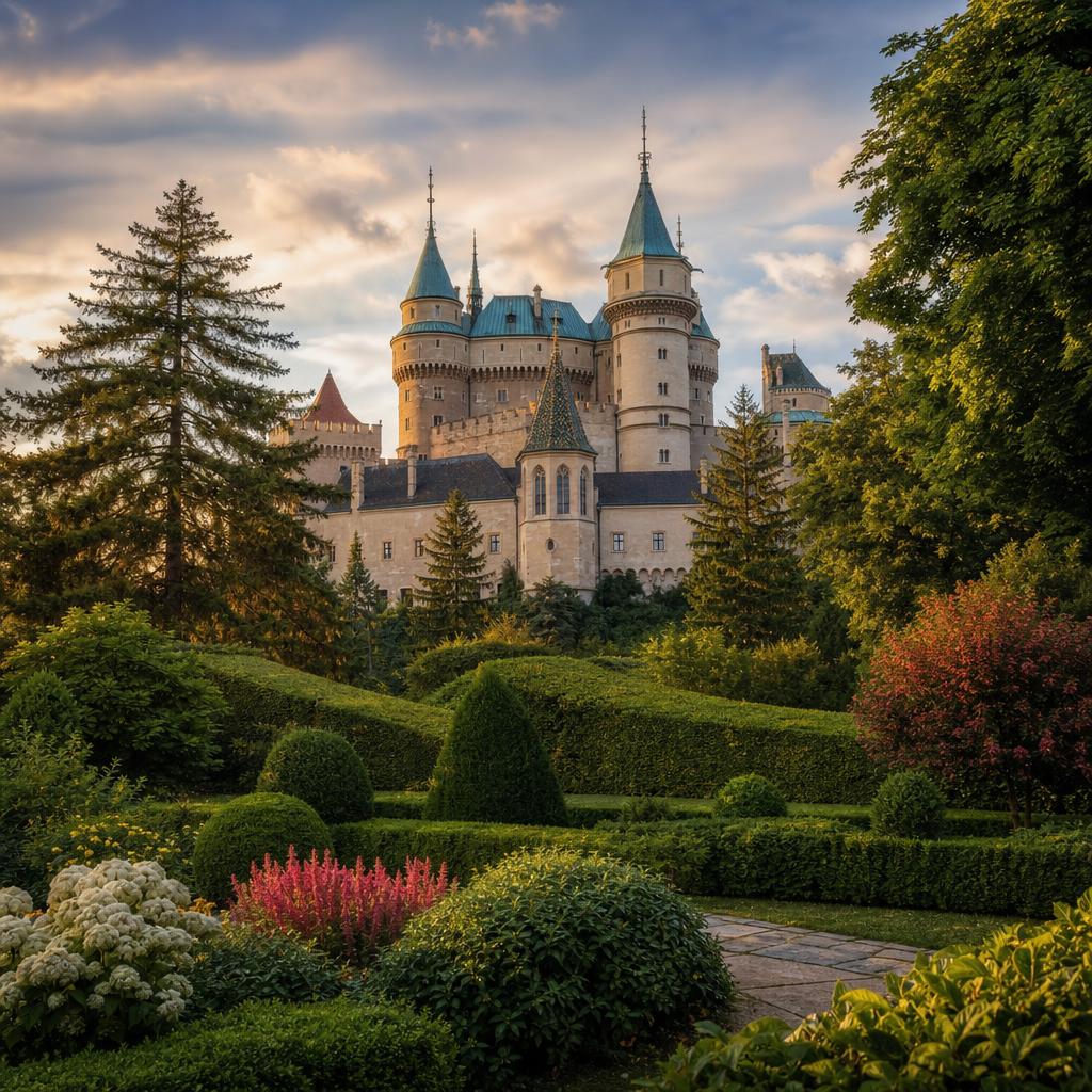 Bojnice Castle stands as a fairy-tale structure amidst the beautiful natural surroundings of Slovakia.