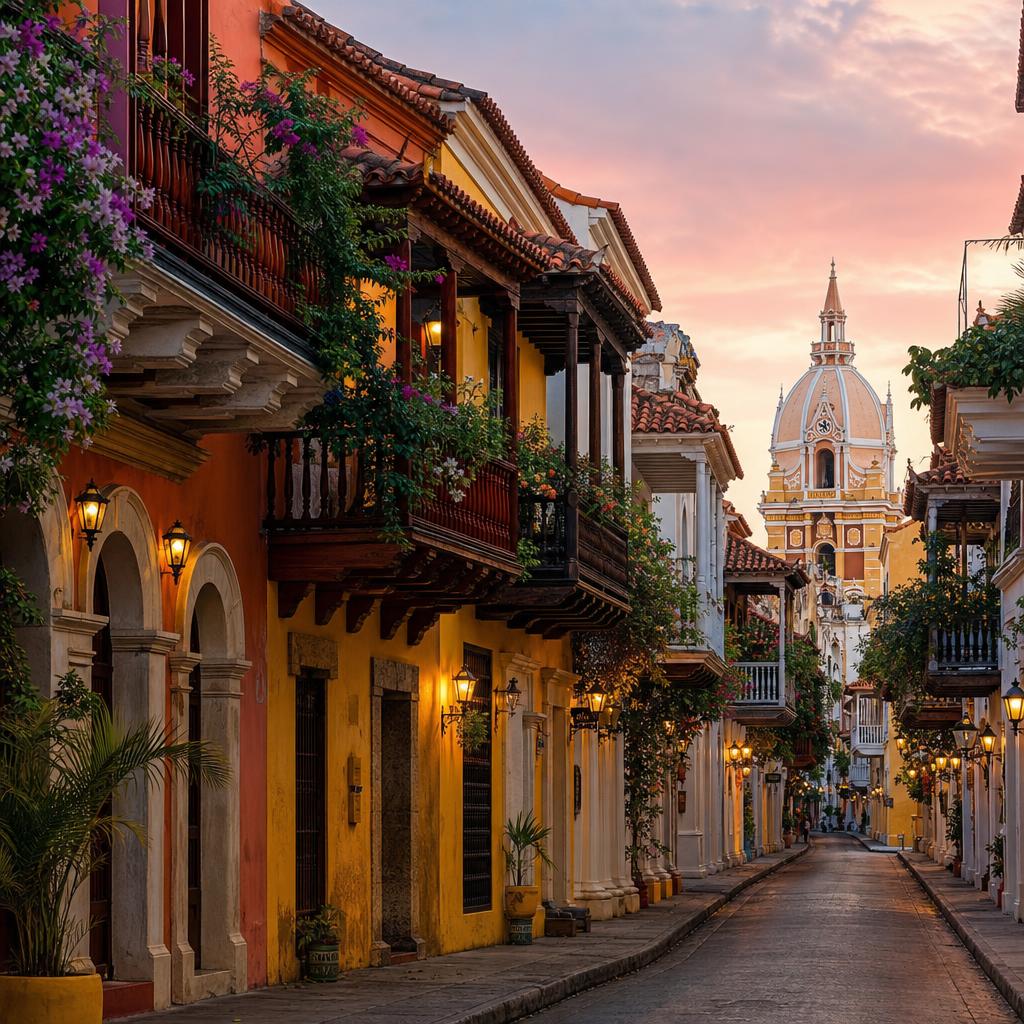 Sunlight warms the historic vibrant streets of Cartagena, a gem of Colombia.