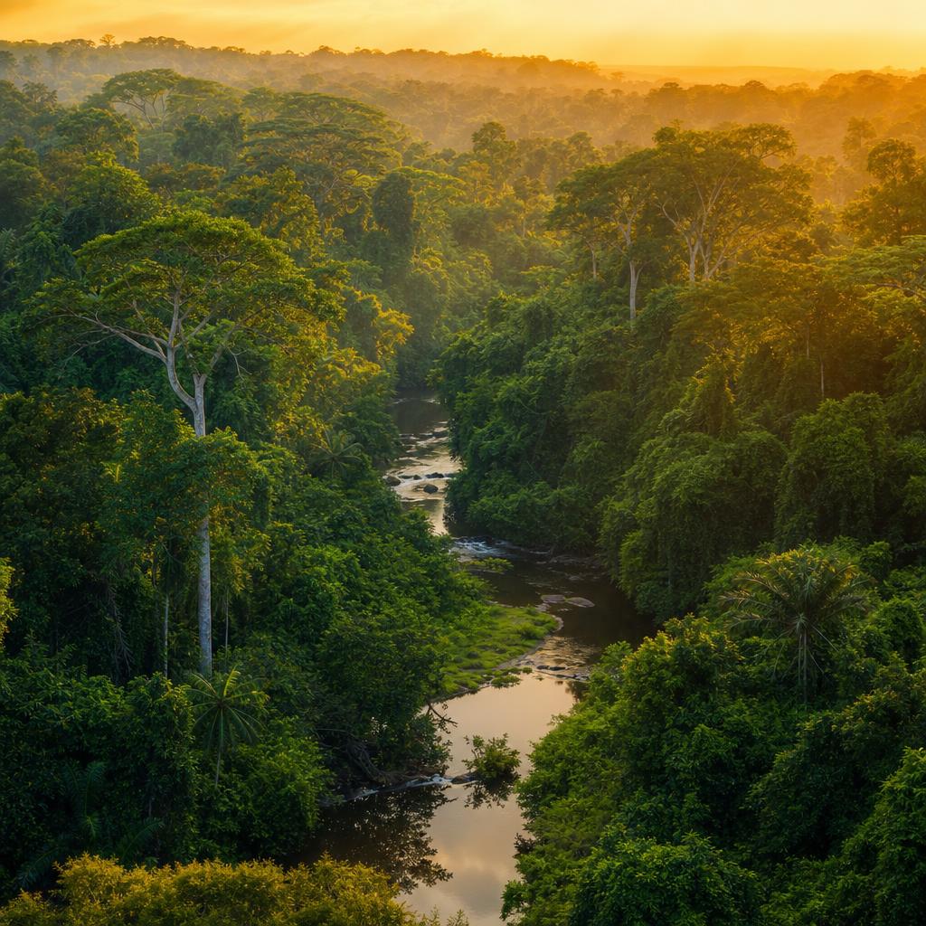 The vibrant Dzanga Sangha rainforest reserve captured during a beautiful golden sunset.