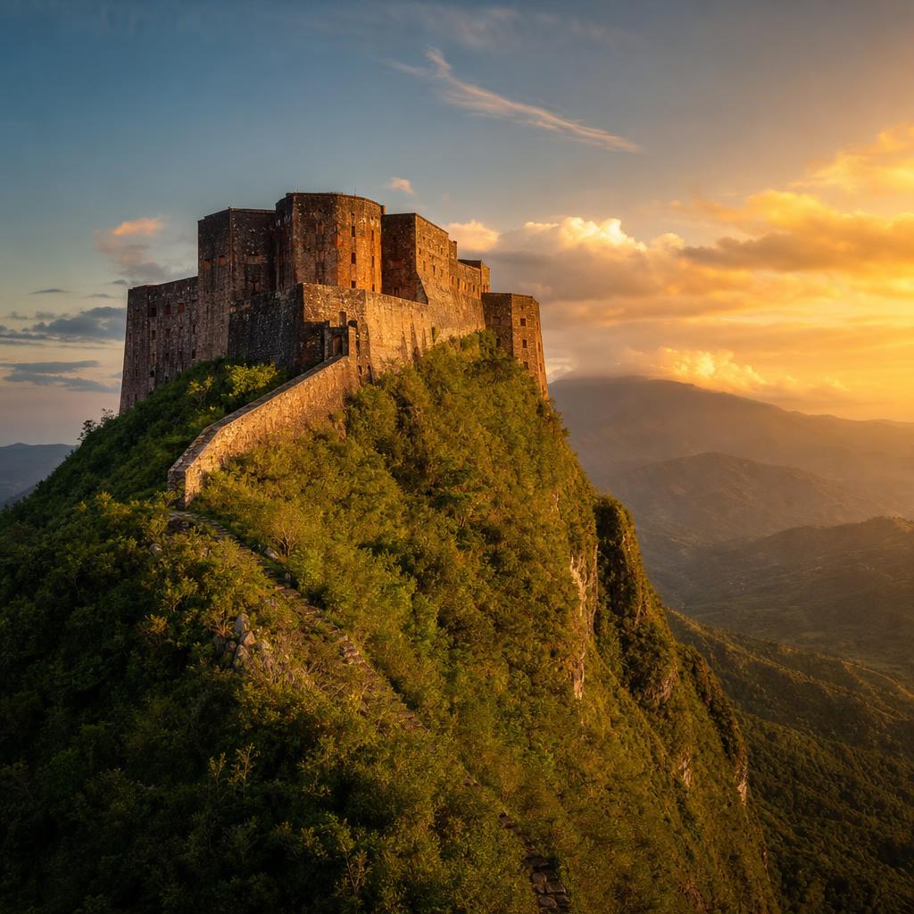 Golden sunlight bathes the historic mountaintop fortress of the Citadelle Laferriere in Haiti.