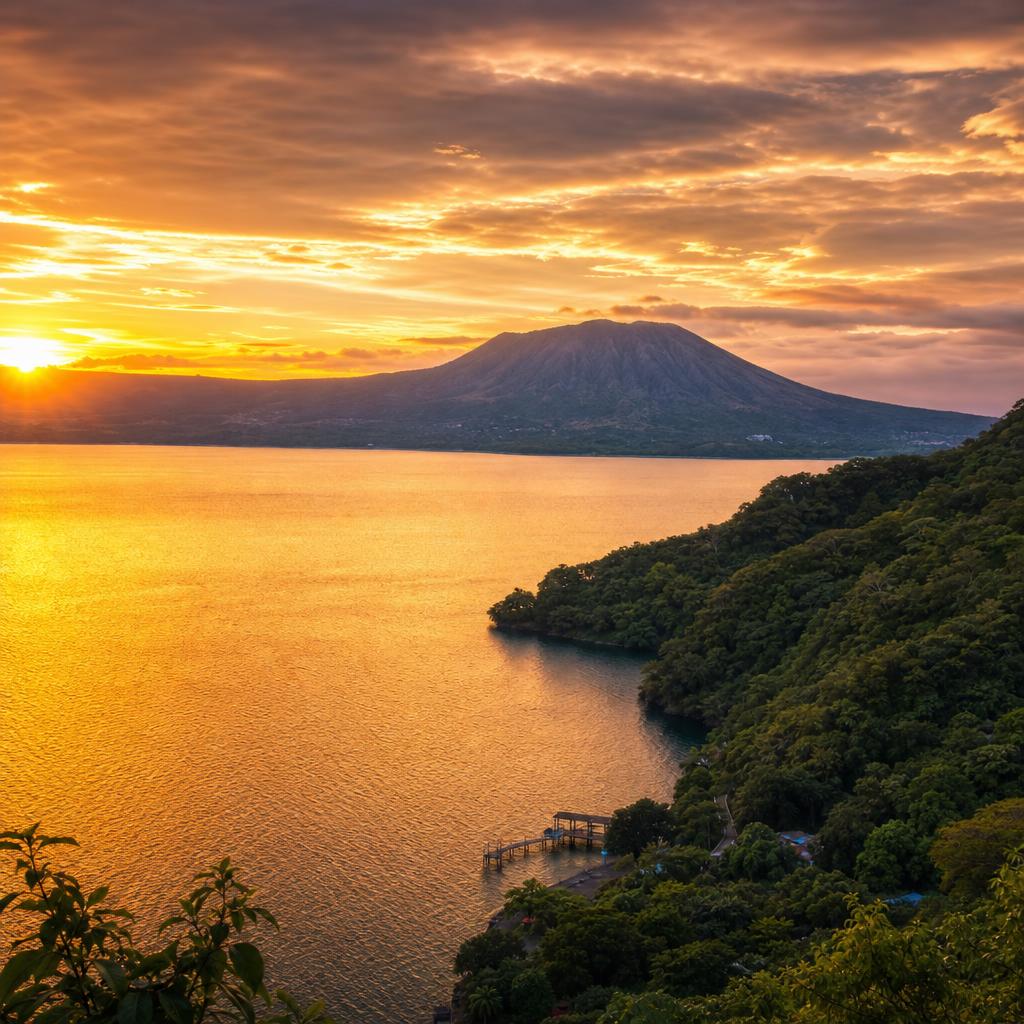 The volcanic crater lake in El Salvador glows beautifully at dusk.