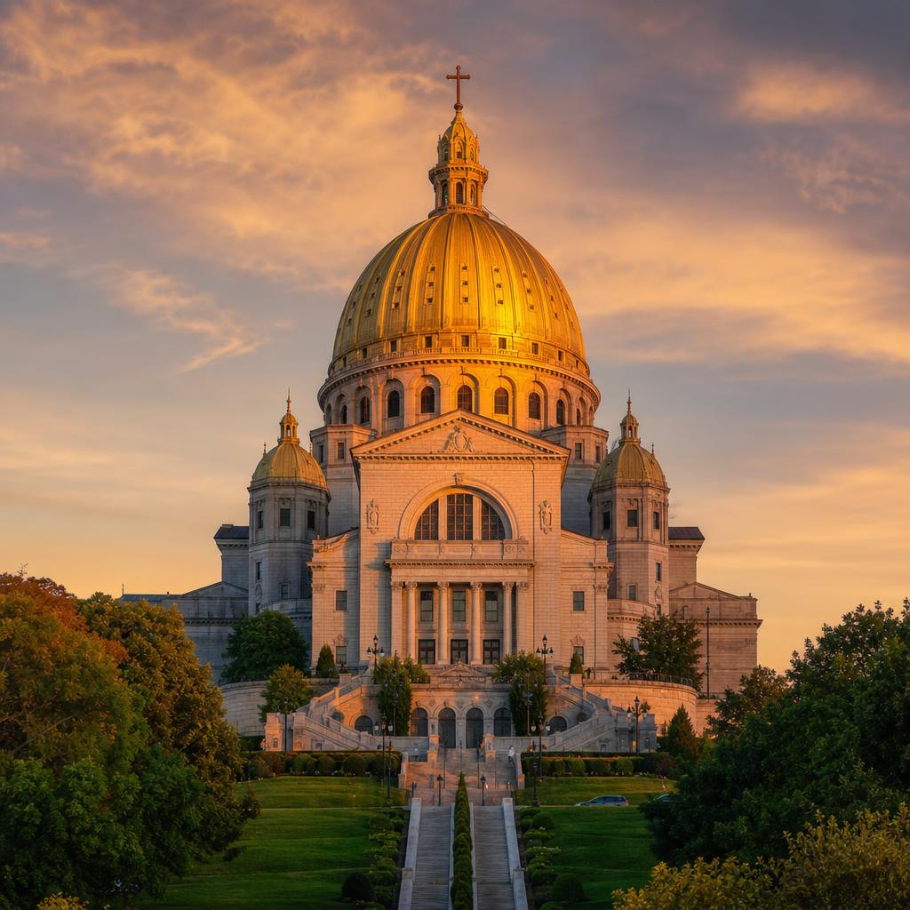 The massive dome of the Basilica in Cote d'Ivoire captures sunset light.