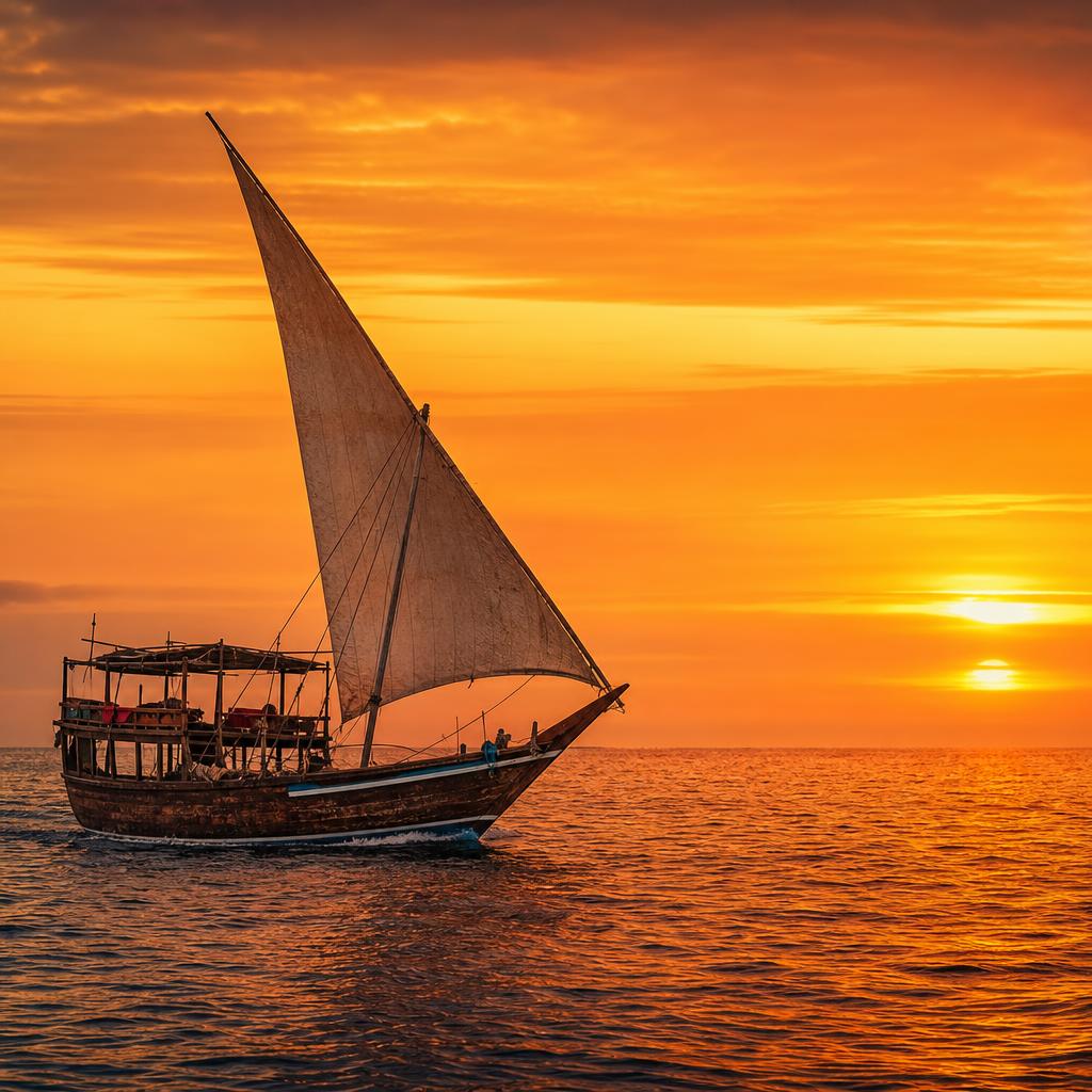 Traditional wooden boats navigate the peaceful coastal waters of Mozambique during the sunset hours.