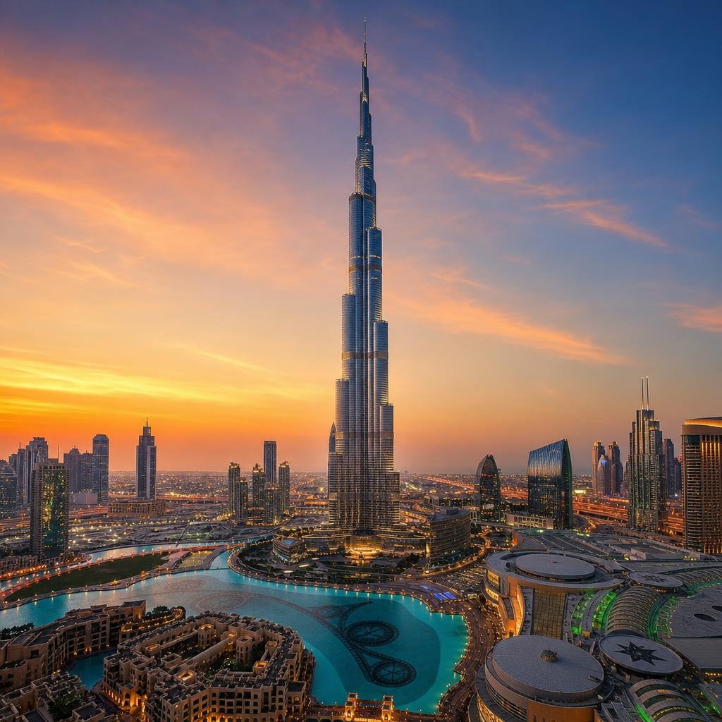 The Burj Khalifa rising over the Dubai skyline at dusk, United Arab Emirates