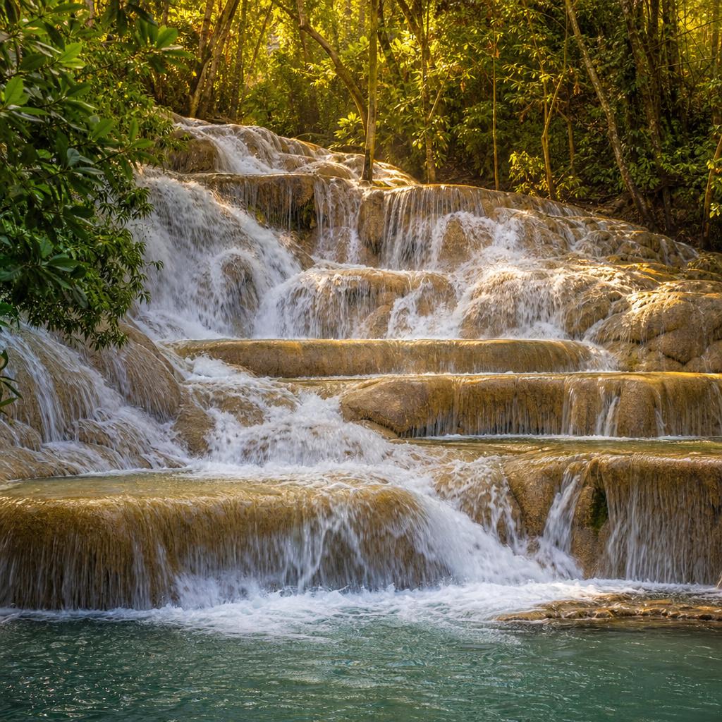 Clear water flows over tropical rock terraces in Jamaica during the glowing golden hour.