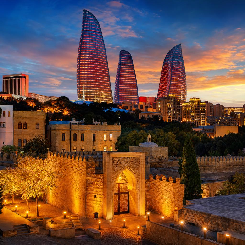 Baku's futuristic Flame Towers dominate the skyline of Azerbaijan at twilight.