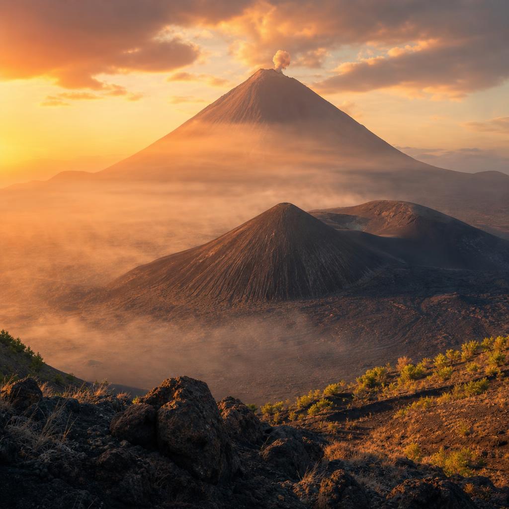 Volcanic peaks pierce the golden horizon on the island of Fogo, Cape Verde.