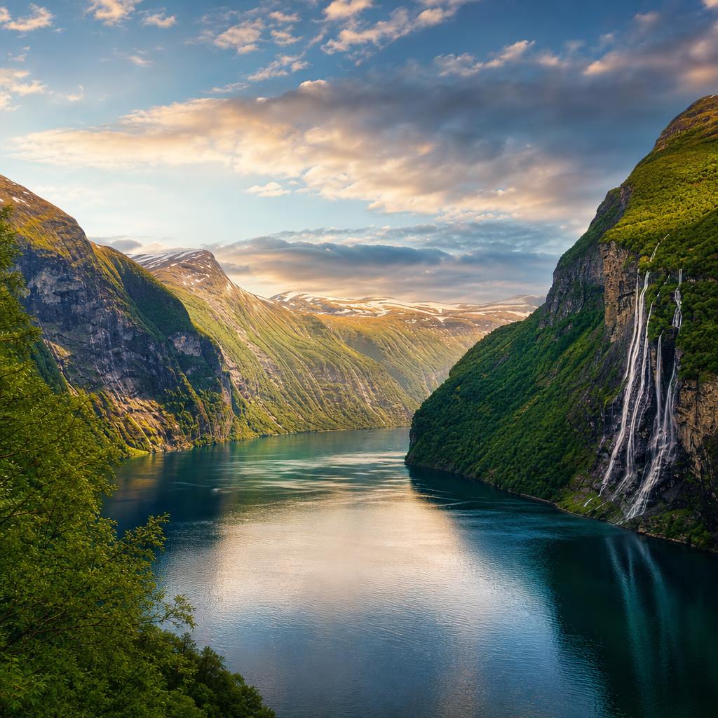 Emerald mountains tower over the calm mirror-like waters of Norway's iconic Geirangerfjord.