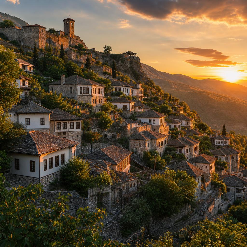 Golden sunlight illuminates the historic stone architecture of Gjirokaster in Albania.