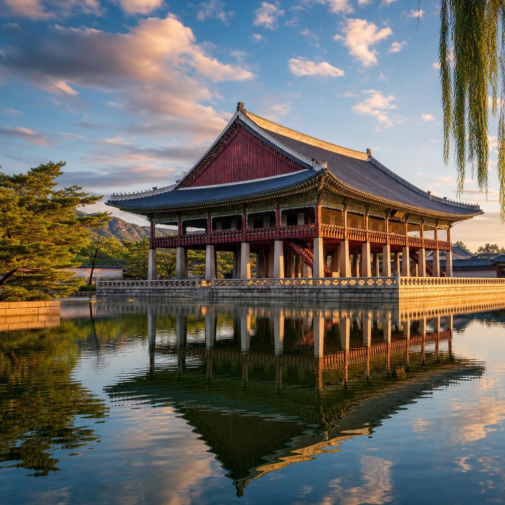Traditional Korean architecture at Gyeongbokgung Palace looks stunning in the soft light of dusk.