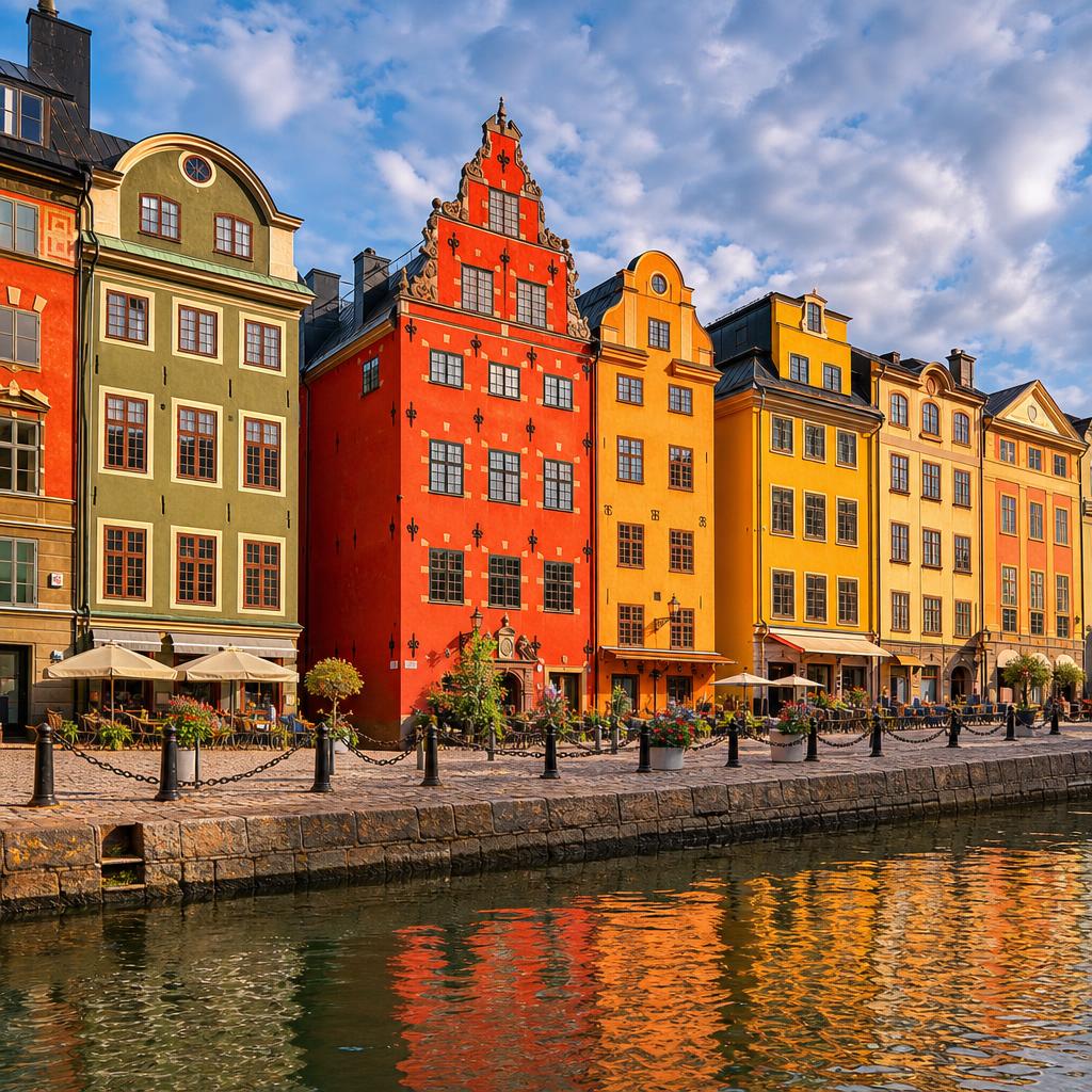Gamla Stan in Sweden displays its historic charm with vibrant houses along the water.