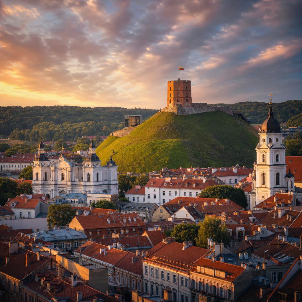 Vilnius old town is illuminated by sunset light surrounding the historic Gediminas Tower in Lithuania.