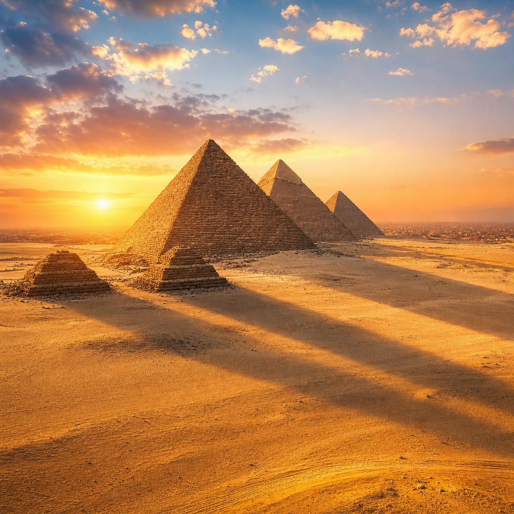 Ancient pyramids stand as timeless silhouettes against an Egyptian desert sunset.