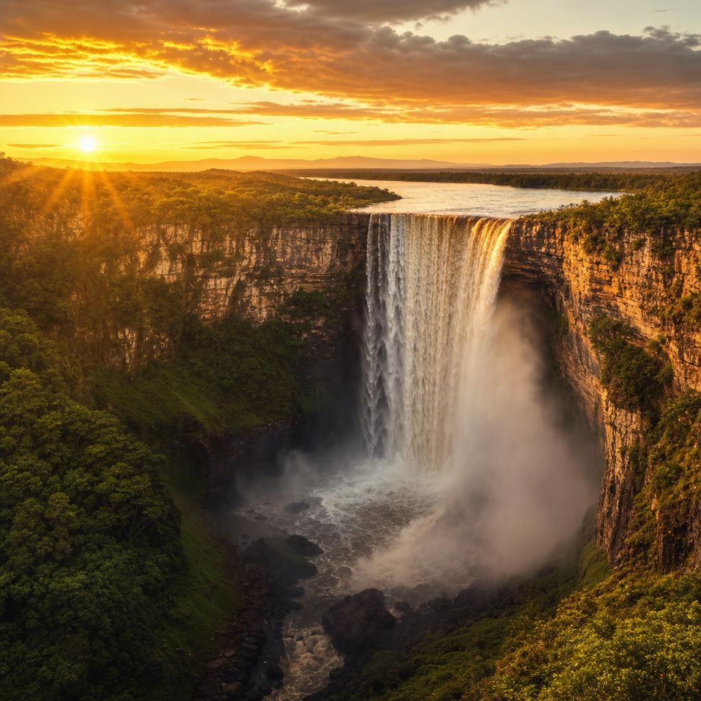 Massive torrents of water cascade over Kaieteur Falls amidst the lush wilderness of Guyana.