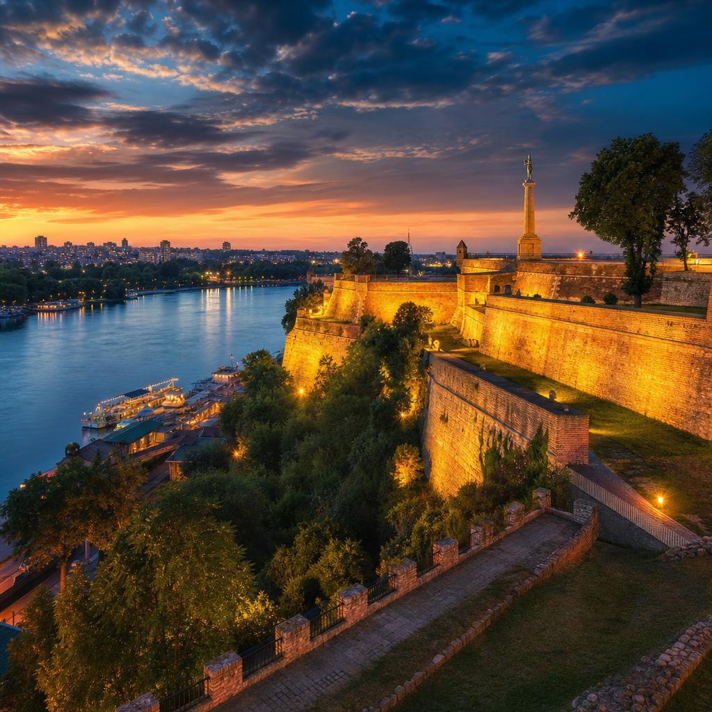 Golden sunlight illuminates the ancient stone walls of Kalemegdan Fortress in Belgrade, Serbia.