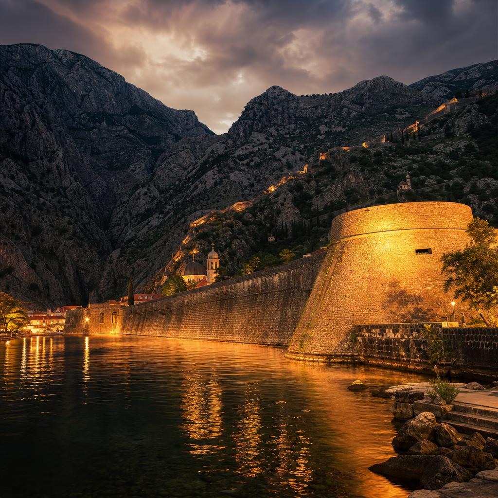 Medieval stone walls wind up the steep cliffs surrounding Kotor in beautiful Montenegro.