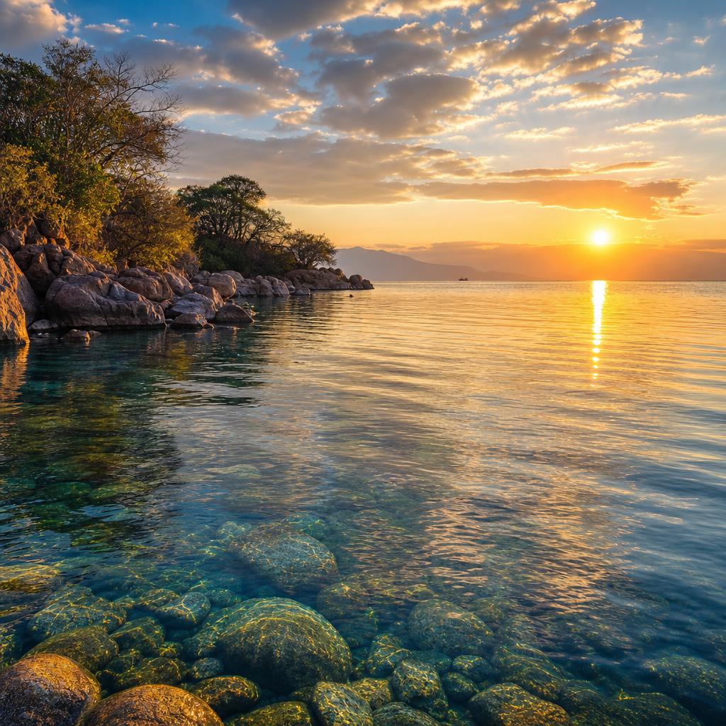 The vast horizon of Lake Malawi glows softly during the early hours of morning.