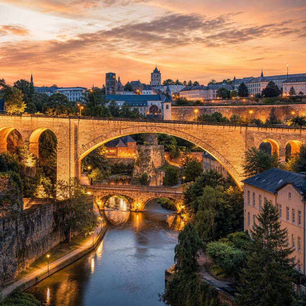 Stone arches of Luxembourg City create a dramatic silhouette as evening shadows descend gracefully.