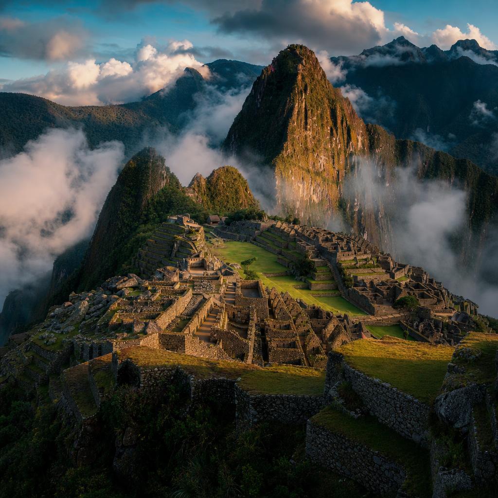 Swirling mountain clouds surround the ancient stone ruins of Machu Picchu in Peru.