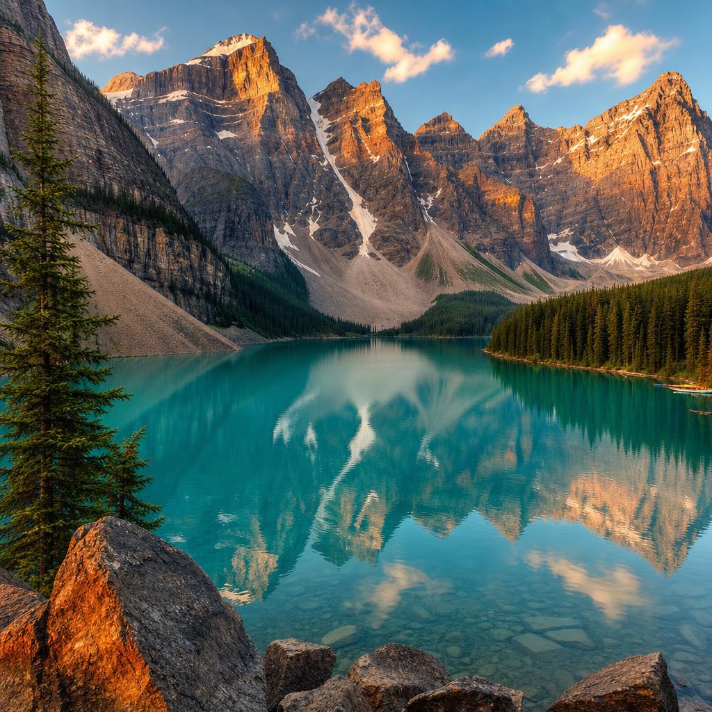 Canada is home to the stunning turquoise waters of Moraine Lake at dusk.