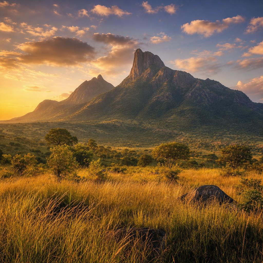 Golden sunset rays illuminate the rugged mountain landscape of Mount Nimba in Guinea.