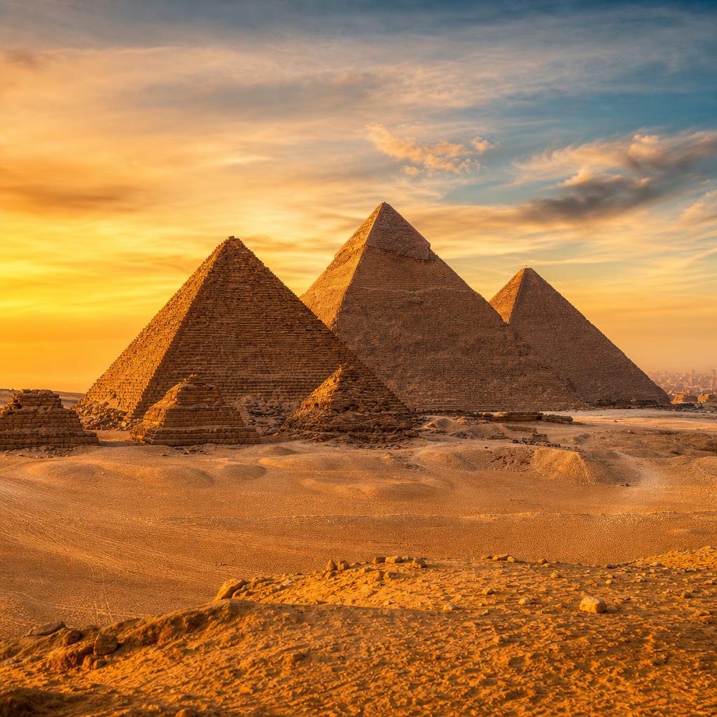 The historic Meroitic Pyramids of Sudan pierce the horizon during a peaceful desert sunset.