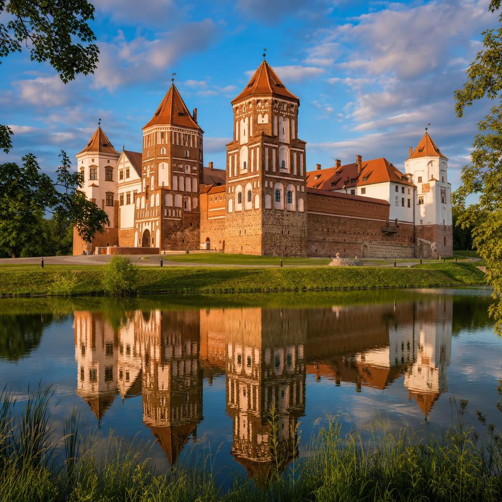 Architectural history glows in the sunset light at Belarus's grand Mir Castle.
