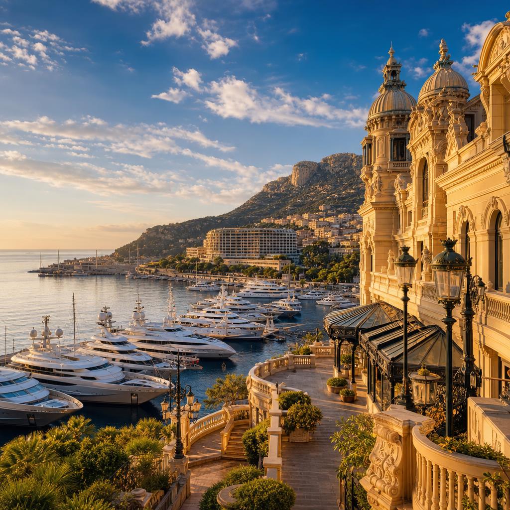 The glamorous coast of Monaco sparkles with yachts under the warm Mediterranean sun.
