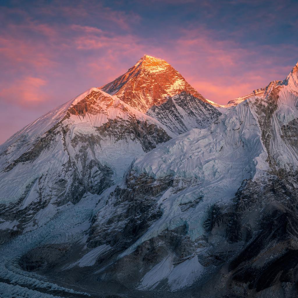 The highest summit in the world, Mount Everest, glows brightly above Nepal landscape.