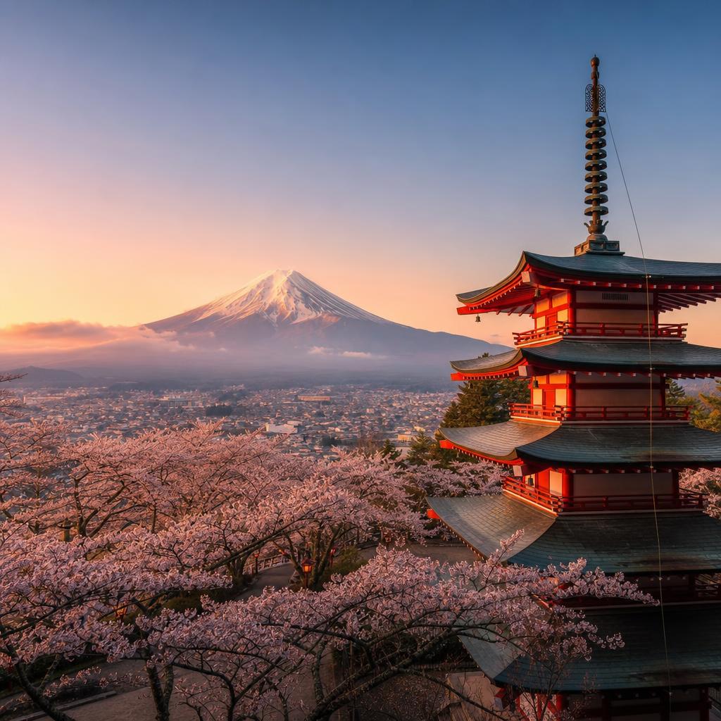 Japan — Mount Fuji at dawn behind a red pagoda and cherry blossom