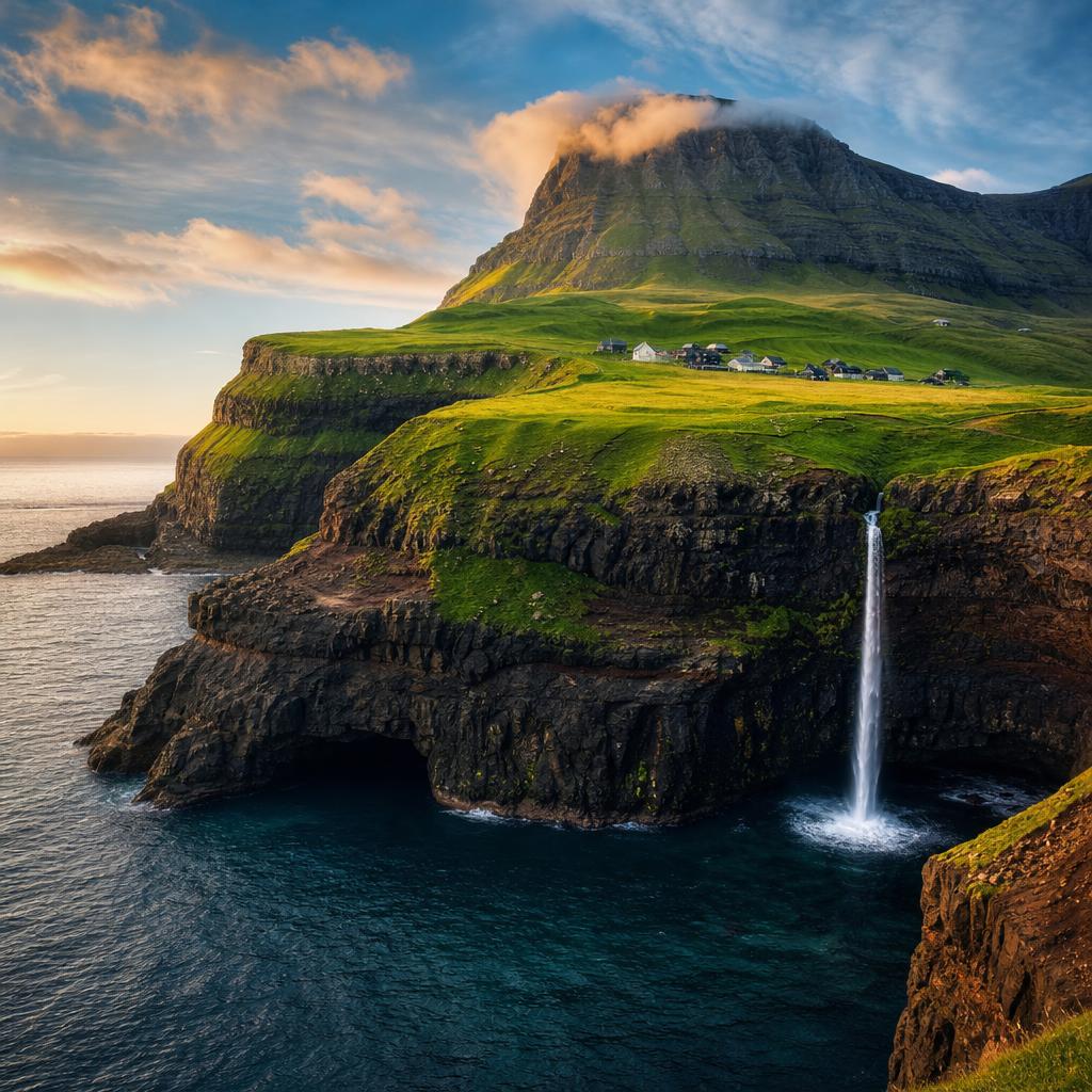 The dramatic waterfall of Gasadalur creates a scene of wonder in Faroe.