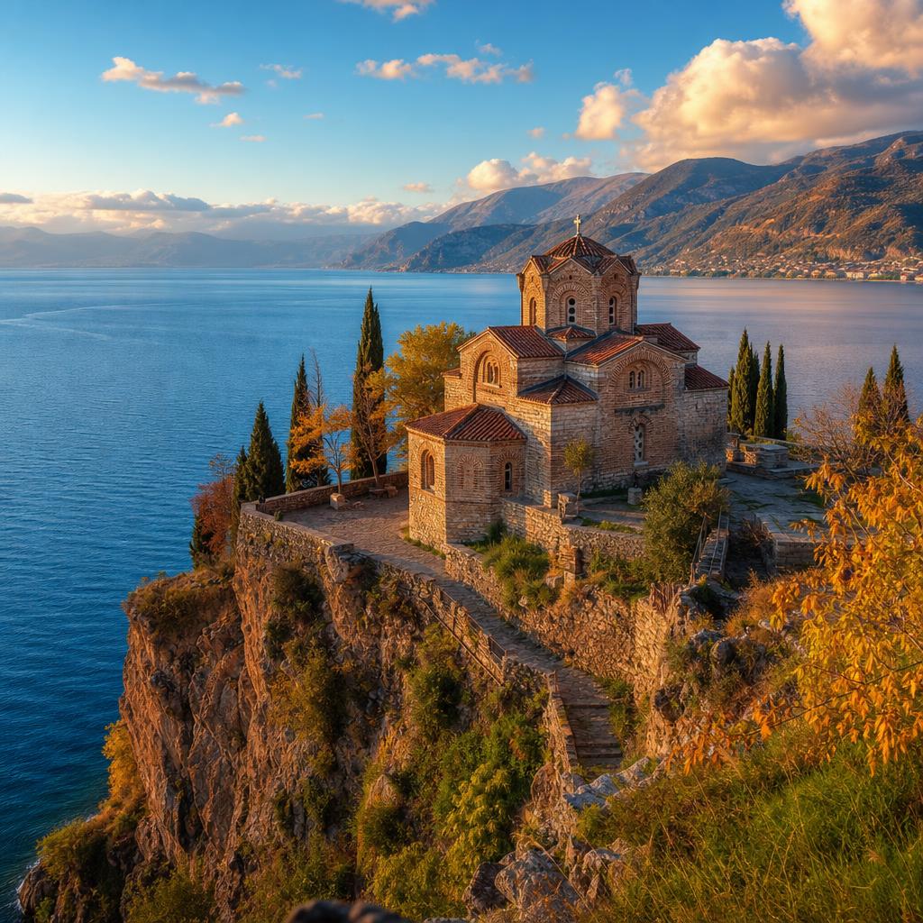 The ancient Kaneo Monastery overlooks the calm blue waters of North Macedonia's Lake Ohrid.