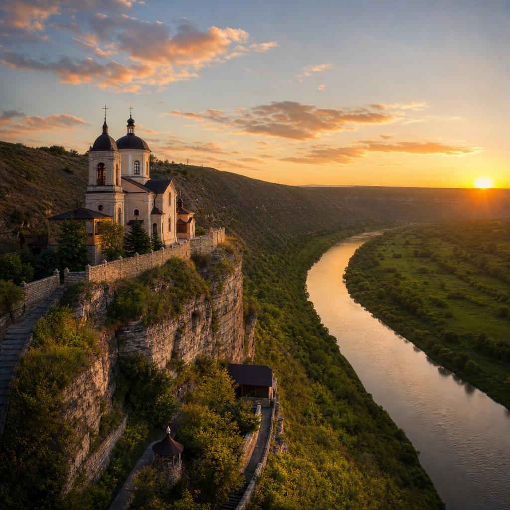 A historic monastery overlooks the serene river valley in the rural heart of Moldova.