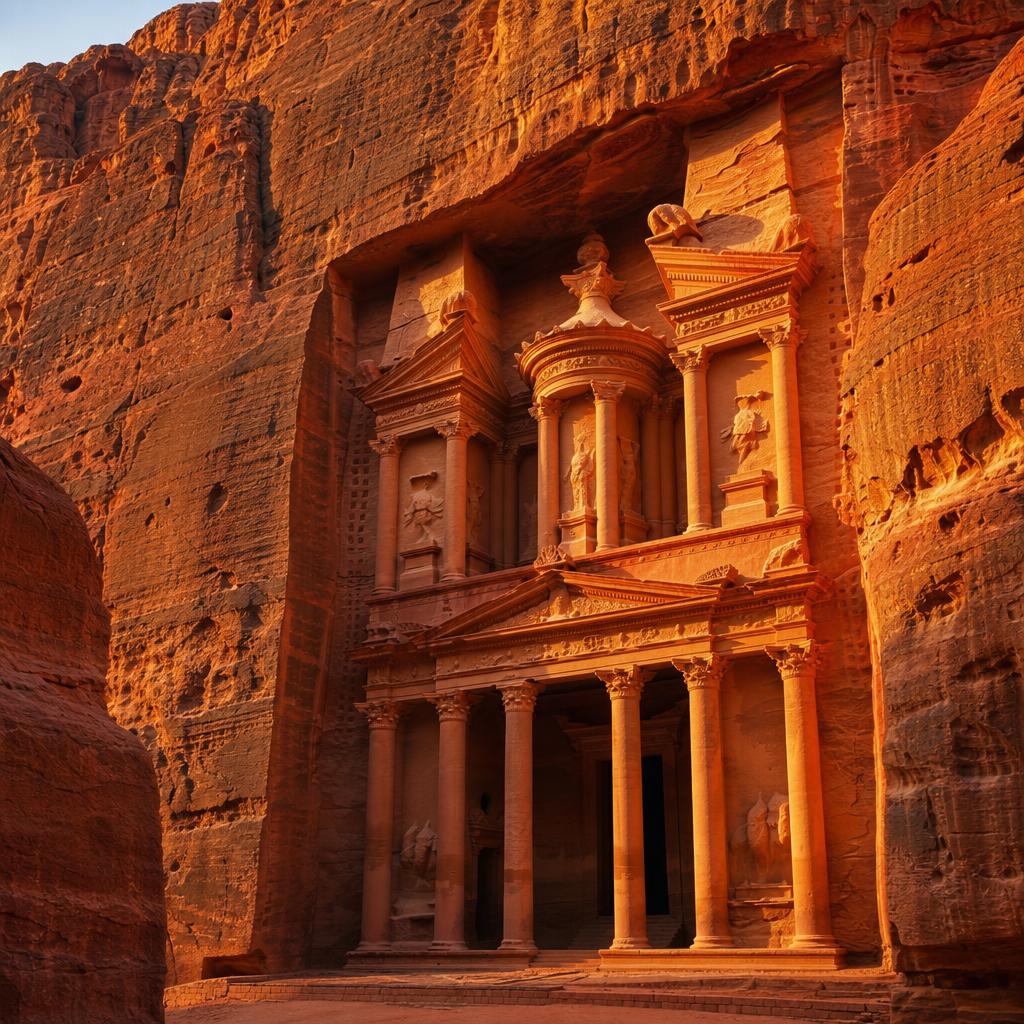 Carved sandstone cliffs of Petra turn a brilliant shade of orange in Jordan's sun.