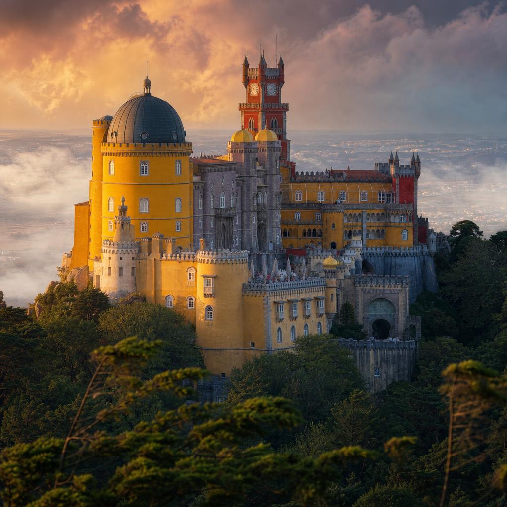 Above misty forests, the colorful Pena Palace glows in the warm Portuguese light.