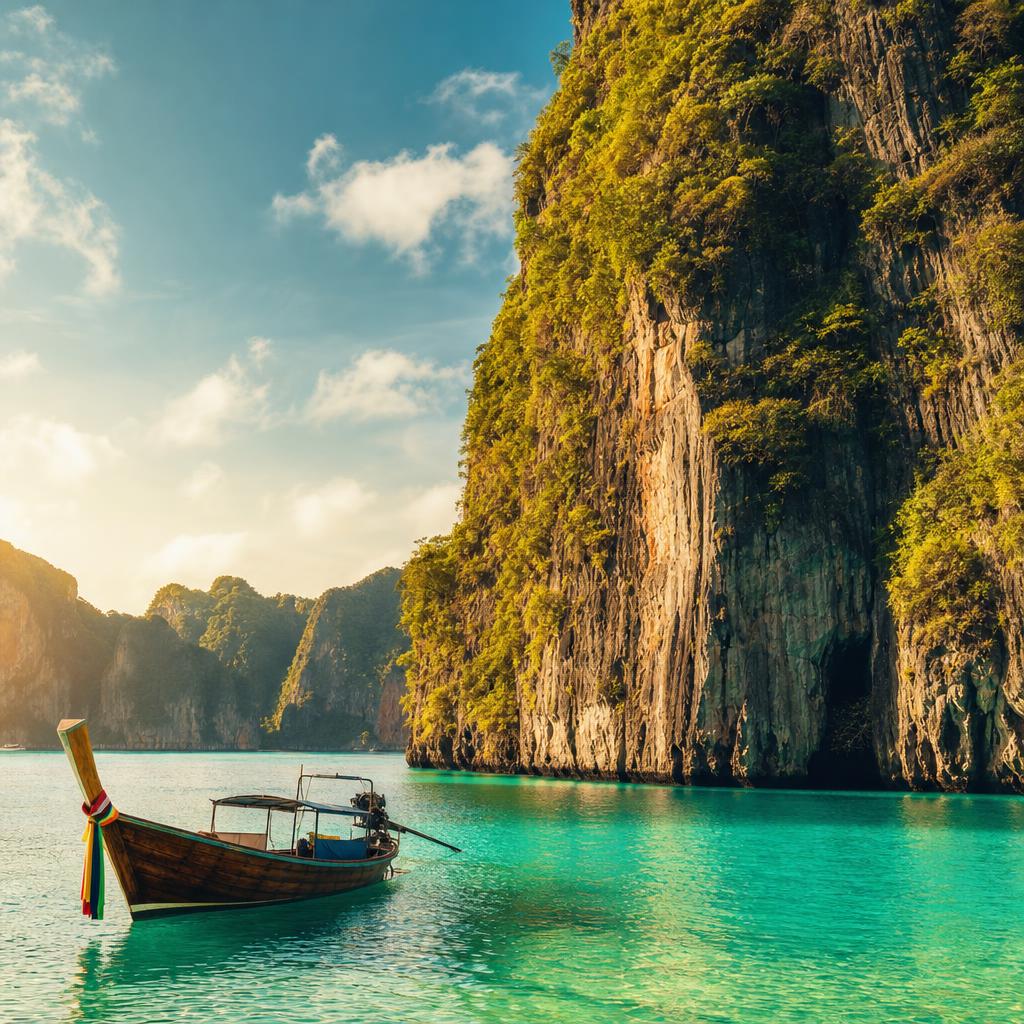 A longtail boat below the limestone cliffs of the Phi Phi Islands, Thailand