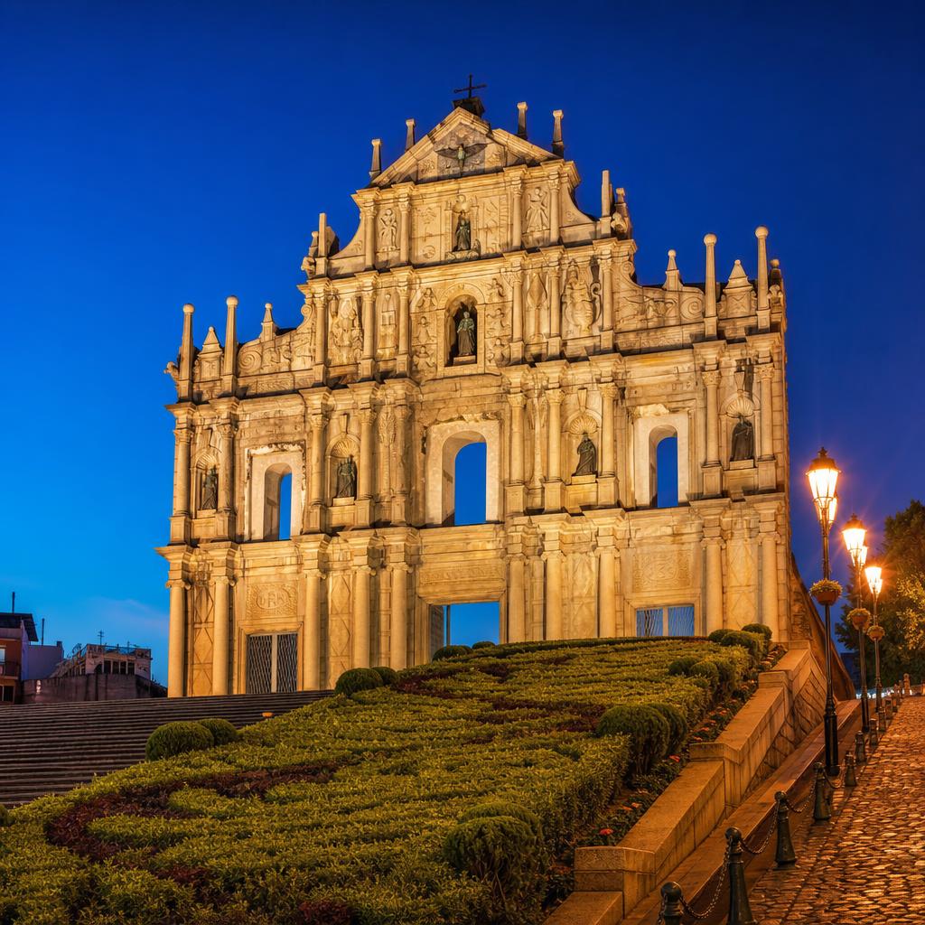 The intricate stone facade of Saint Pauls dominates the landscape of Macao at nightfall.