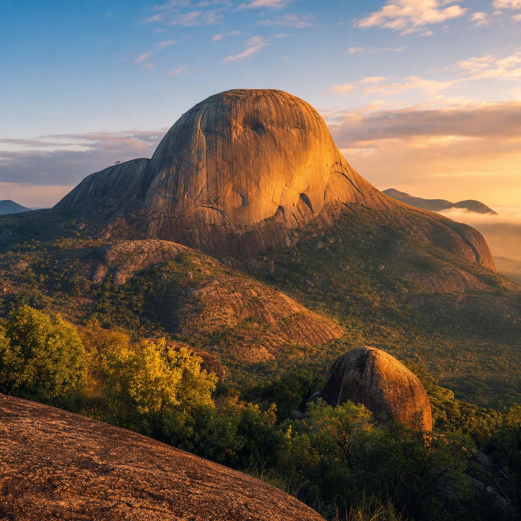 Eswatini features the massive granite formation of Sibebe Rock at twilight.