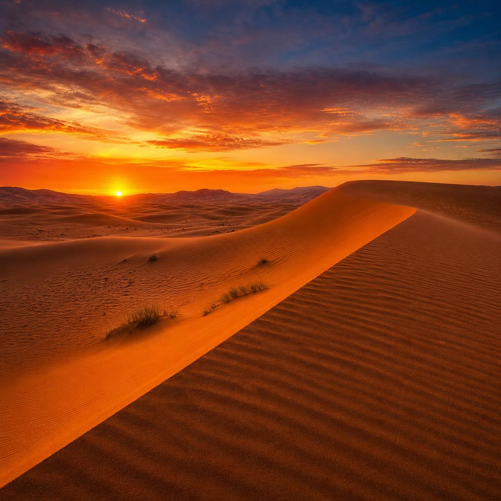 Vast, rolling sand dunes capture the late afternoon warmth in southern Algeria.