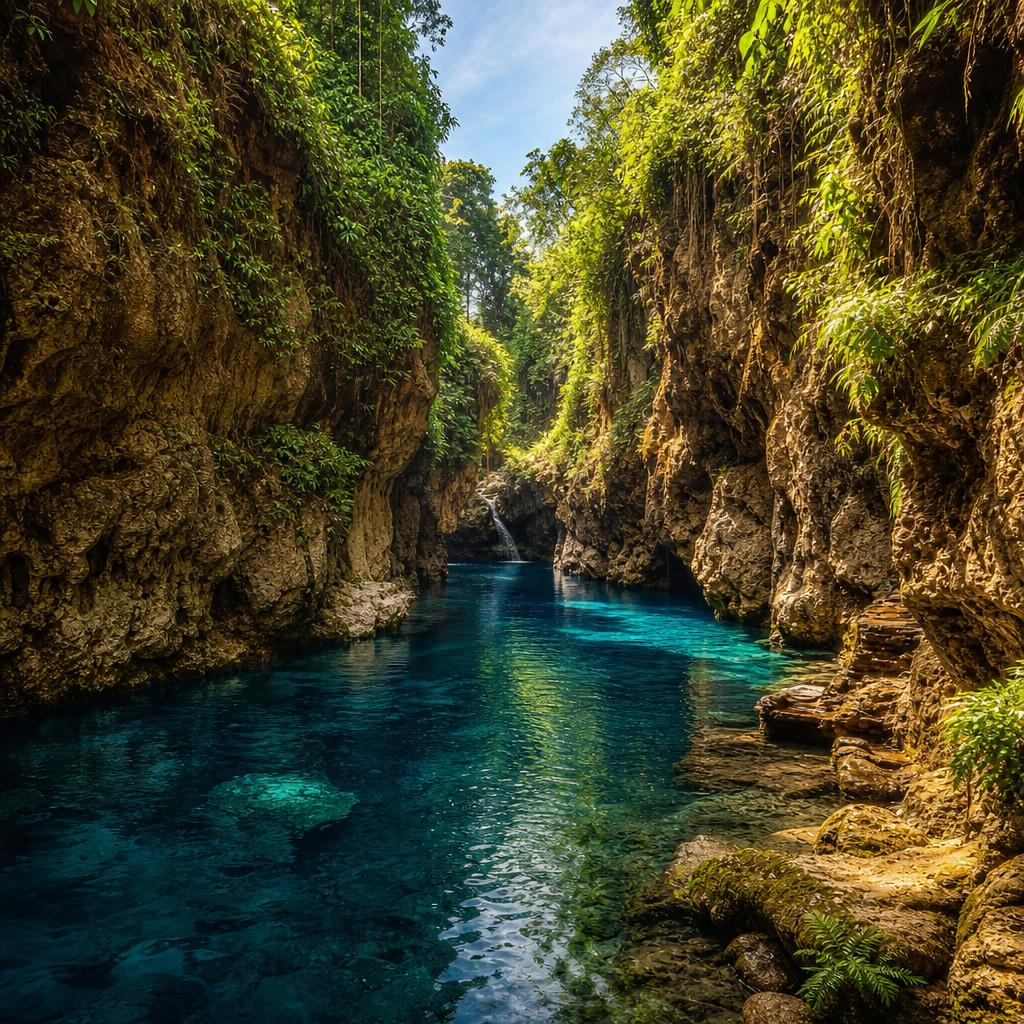 A deep blue water pool sits hidden within the lush tropical To Sua Trench.