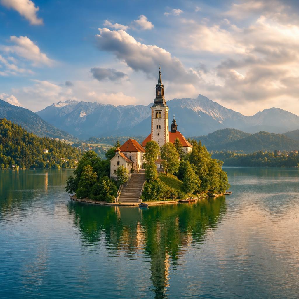 Lake Bled in Slovenia cradles its famous island church, bathed in warm sunset hues.