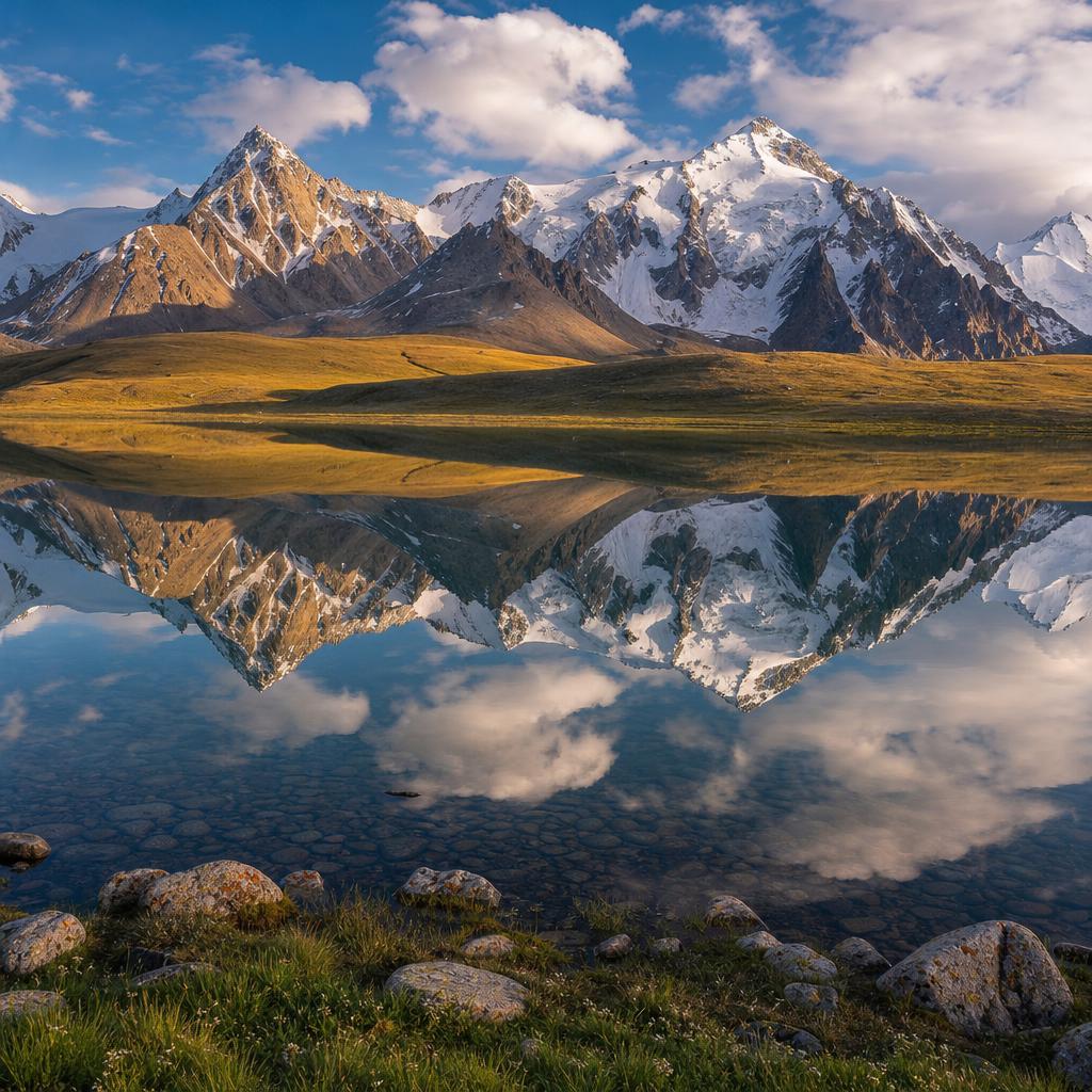 Crystal clear reflections appear on the surface of Son-Kul lake nestled in Kyrgyzstan mountains.