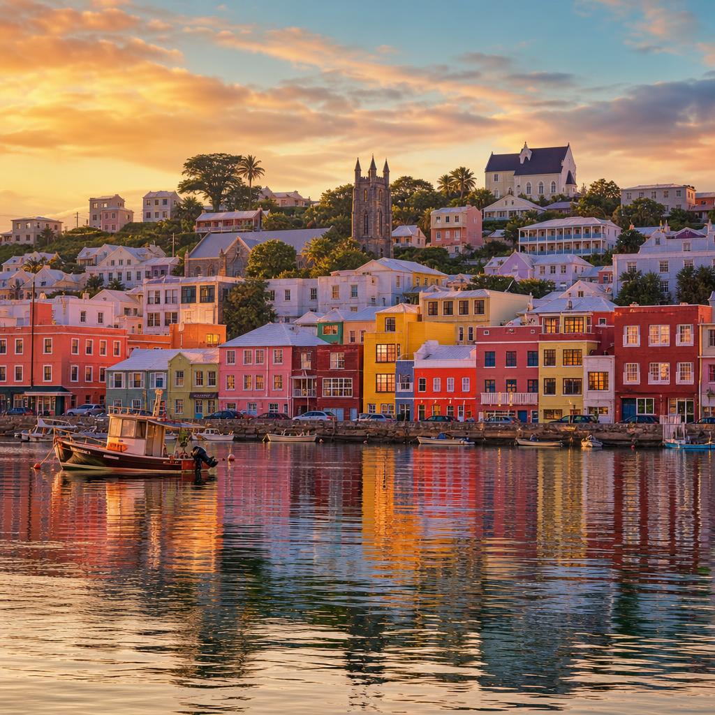 Brightly colored buildings line the picturesque waterfront harbor in Grenada during the golden hour.