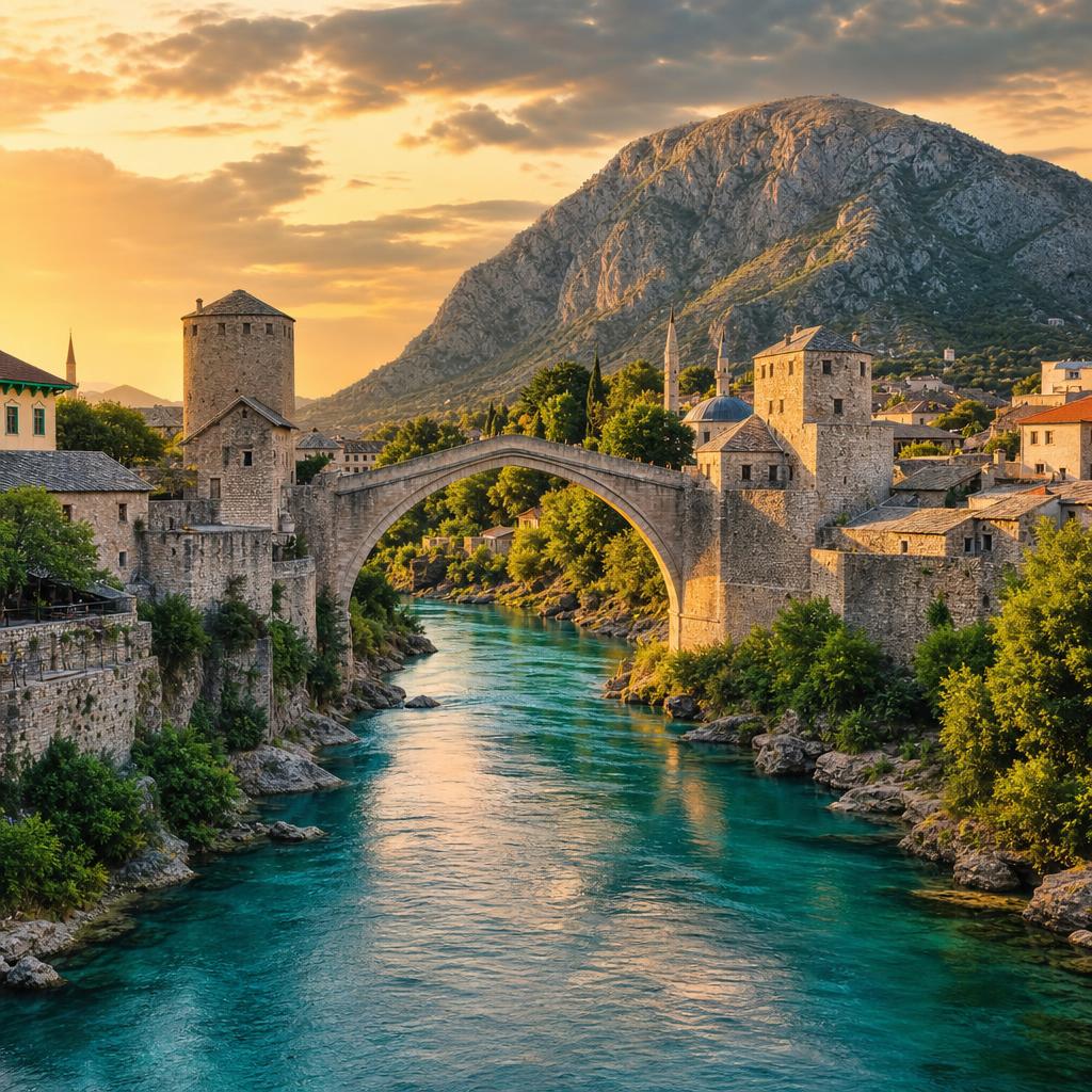 Ancient stone masonry defines the iconic Mostar bridge in Bosnia and Herzegovina.