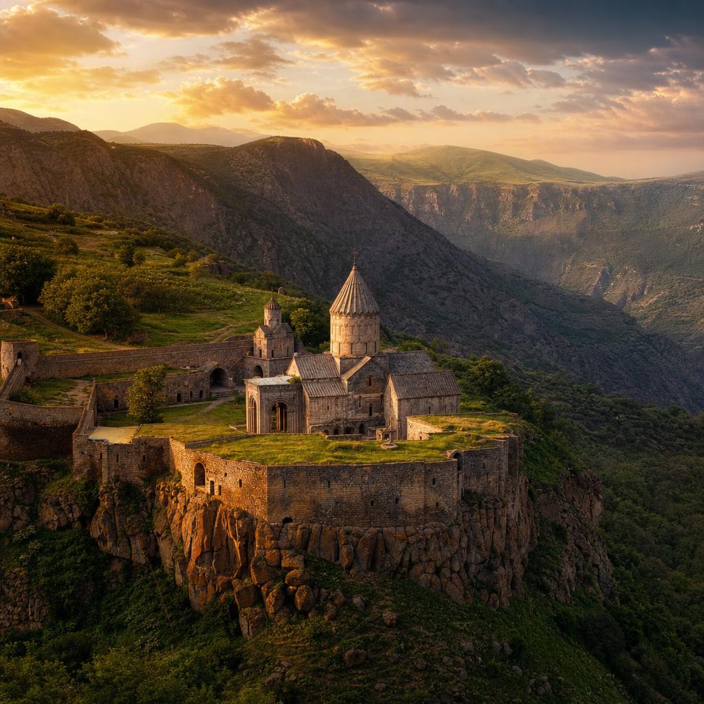 High atop a canyon ridge, the Armenian Tatev Monastery catches the evening sun.