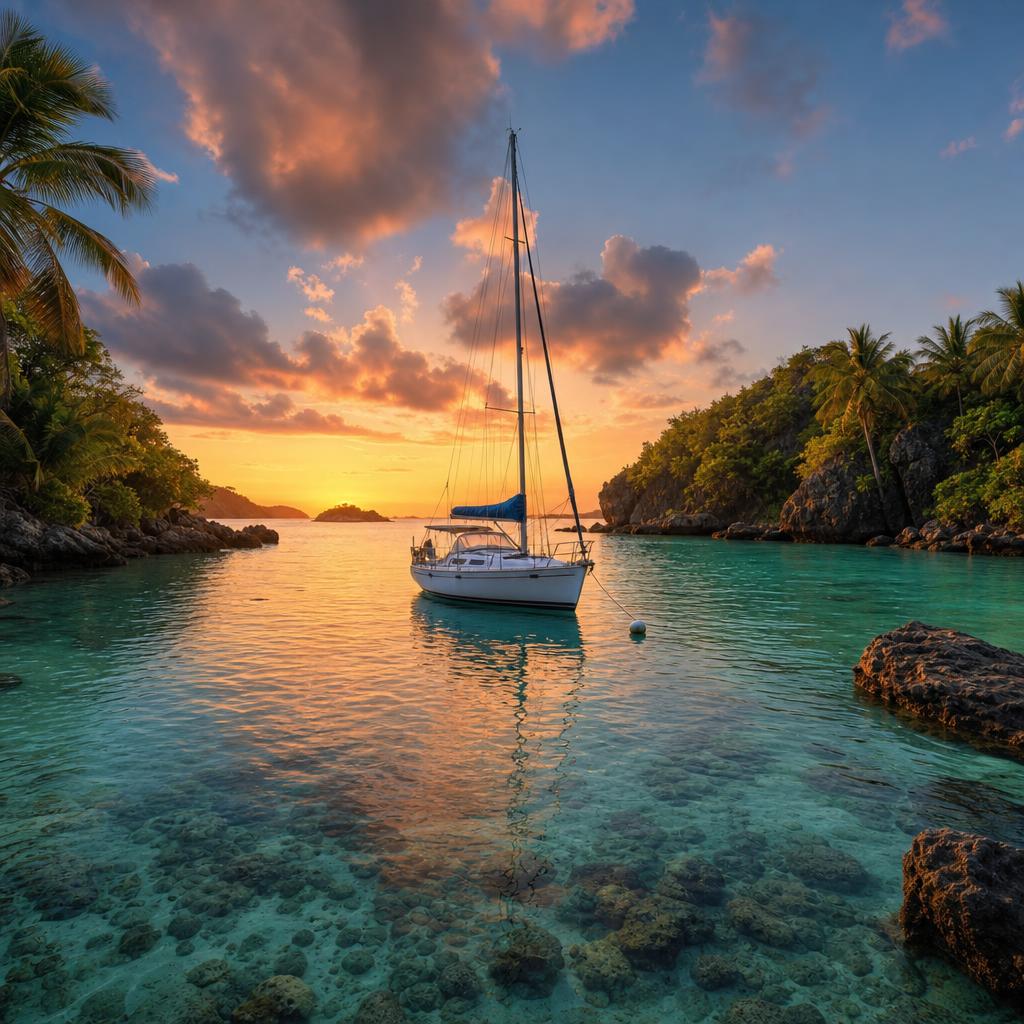 A small sailboat rests in the crystal clear lagoon of Saint Vincent's Tobago Cays.
